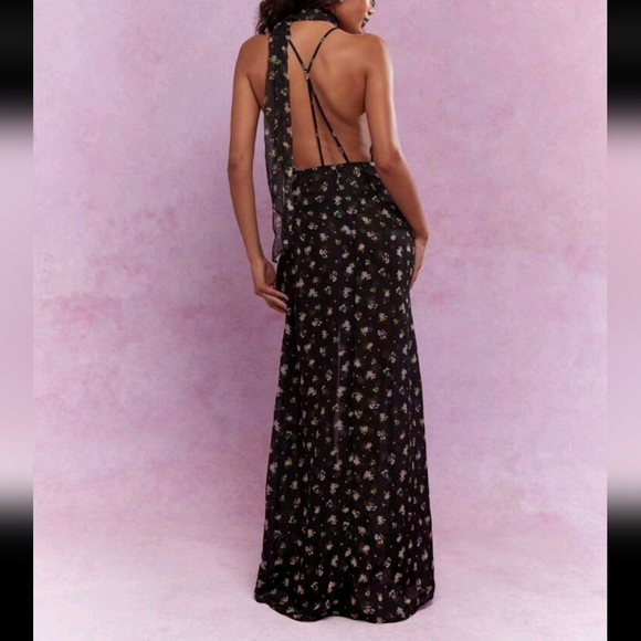 Sheer Floral Printed Cowl Neck Double Layered Backless Floor Length - Picture 4 of 4